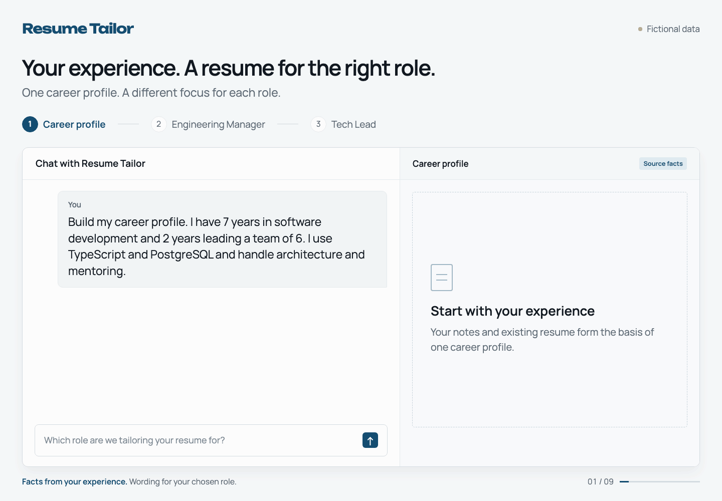 Resume Tailor conversation: the same career profile becomes an Engineering Manager resume and a Tech Lead resume.